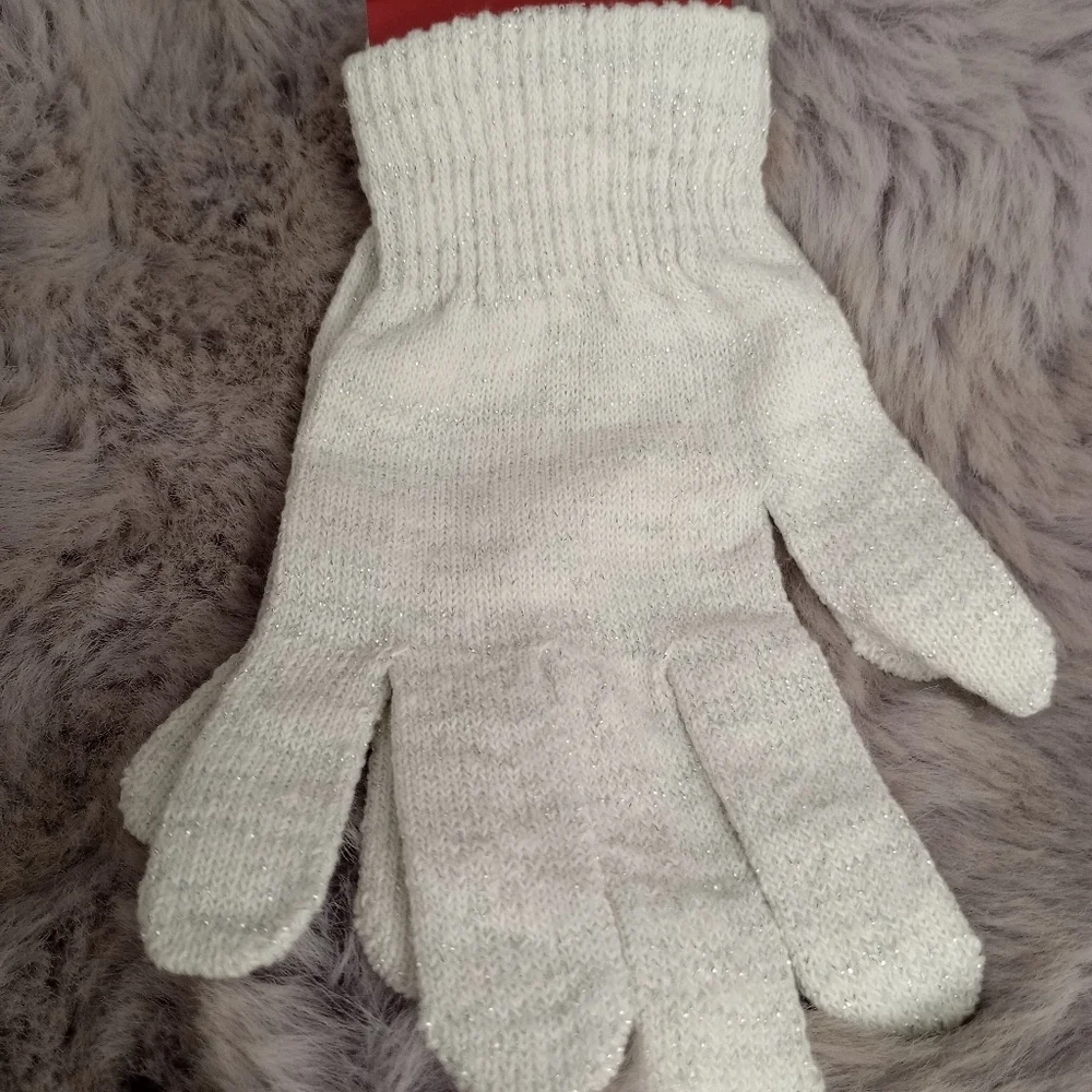 Juncture White Silver Glitter Threading Gloves OSFM NWT